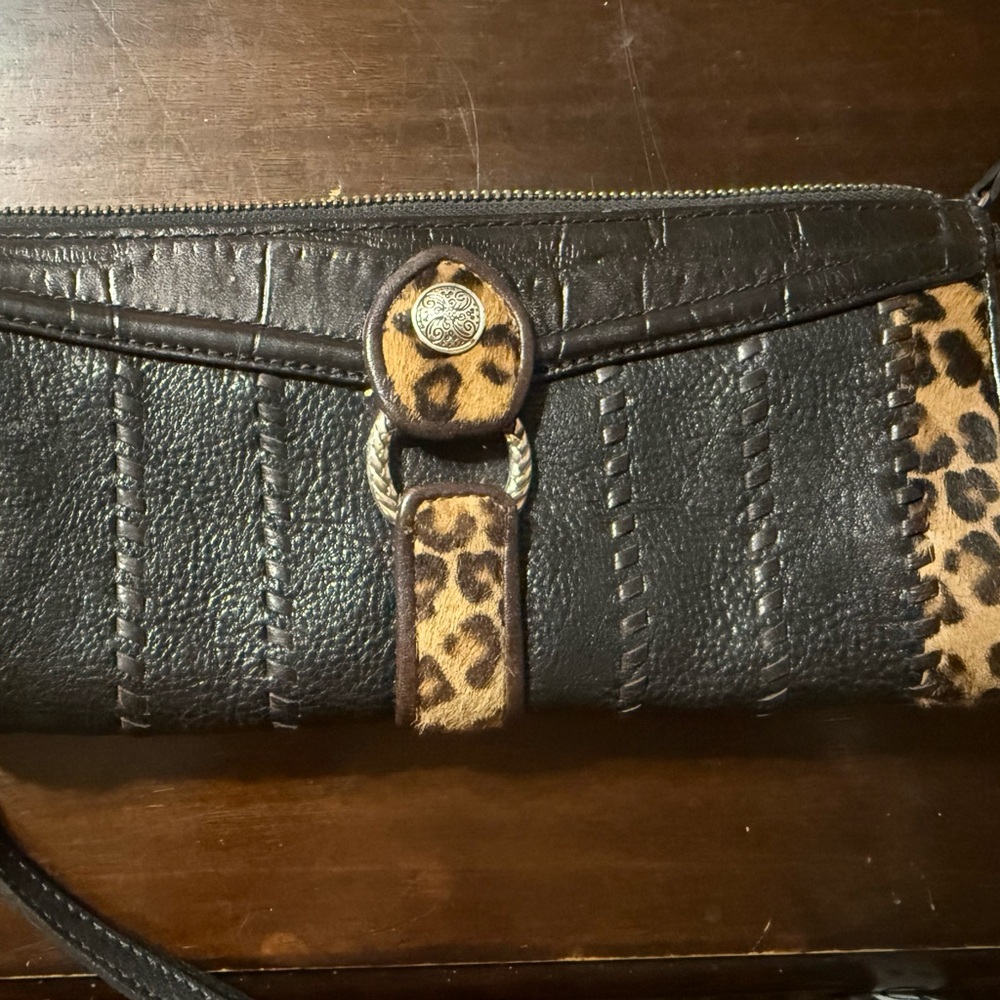 Brighton Black Leather & Leopard Haircalf Zip Card Holder